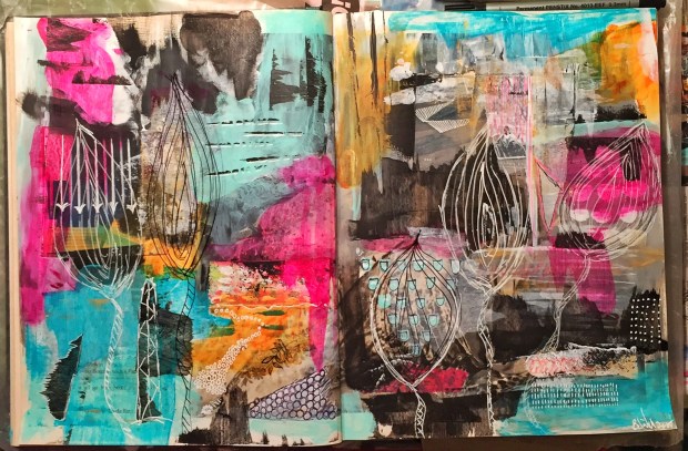 Art Journaling allows you to look at the bigger picture you wish to transfer to canvas. It frees you play with color and shapes and to let go.